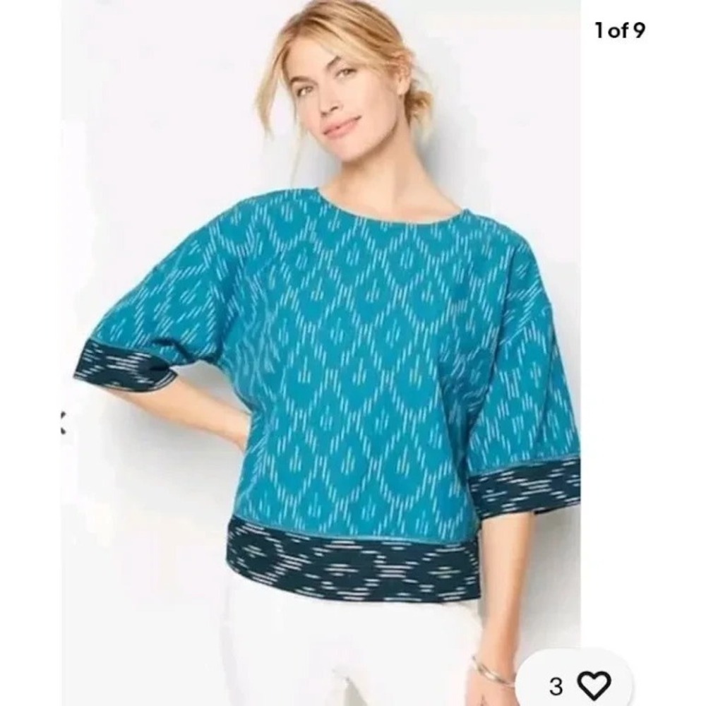 JJill IKat Color Block Square Sleeve Top, Dragonfly Teal, Boho, Aztec-Size M